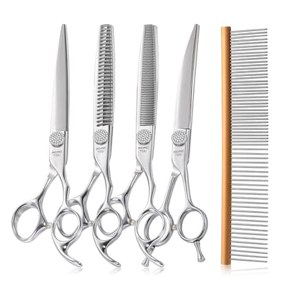 Polished Dog Grooming Scissors Set with Simulation Diamond 440C Stainless Steel Thinner Curved Straight Chunker Shears with Comb 8''