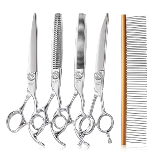 Polished Dog Grooming Scissors Set with Simulation Diamond 440C Stainless Steel Thinner Curved Straight Chunker Shears with Comb 8''