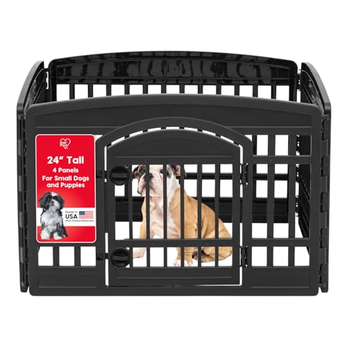 IRIS USA Dog Playpen with Door, 24” 4 Panel Pet Exercise Pen – Indoor Outdoor Puppy Play Pen, Portable Plastic Pet Fence for Small Medium Dogs, Foldable 35” x 35” x 24”, Black - color: Black, size: 4 Panel - 24" H