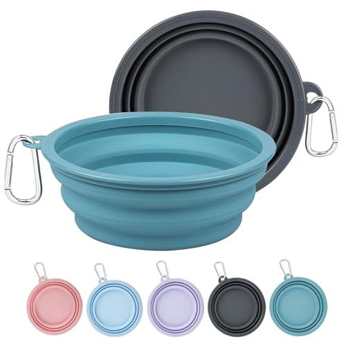 Kytely 2 Pack Collapsible Dog Bowls - 1000ml Portable Pet Food & Water Bowls with Carabiner Clip, Foldable Travel Dog Dish for Hiking, Walking, Camping (Blue & Grey) - color: Lake Blue & Grey, size: Large