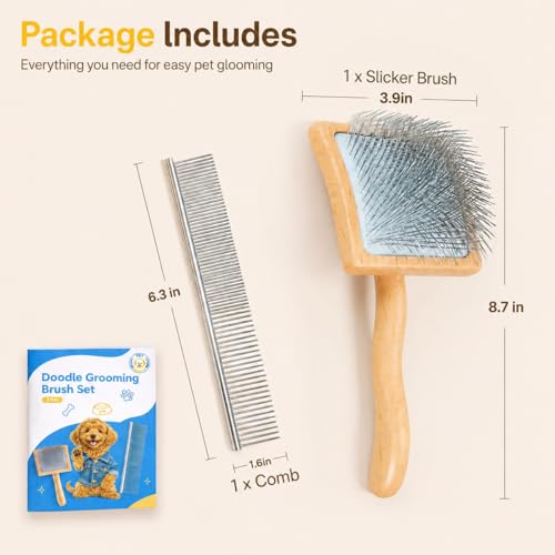 2PCS Dog Brush for Shedding, Slicker Brush for Dogs and Pet Detangling Metal Comb Set, Dog Grooming Supplies for Long Haired Pets, Poodles, Thick Fur, Deshedding Rake Tool - size: 2-in-1 Set