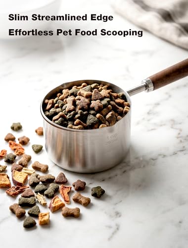 Dog Food Scoop 1 Cup with Cleaning Towel and Drying Rack, 304 Stainless Steel Dog Food Measuring Cup with Walnut Handle, Dishwasher Safe Pet Food Scoop for Dogs and Cats