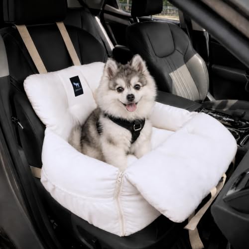 JACKO & CO - Premium Dog Car Seat Booster Bed for Small & Medium Pets - Water Resistant, Machine Washable, Removable Cover, Clip-On Leash for Front or Back Seat Use (Beige, Removable - Small (1-25lbs) - color: Beige, size: Removable - Small (1-25lbs)