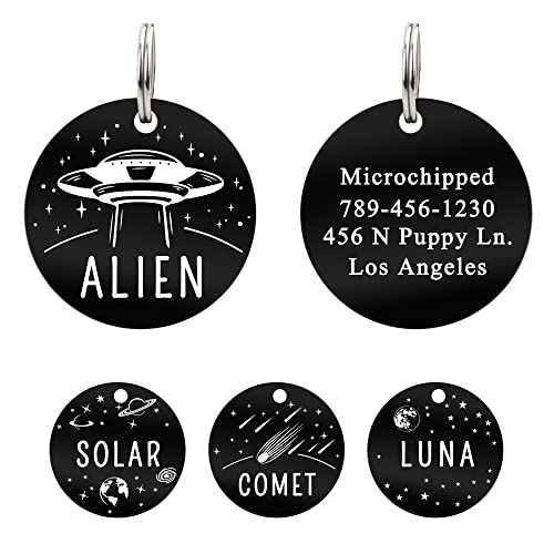 UltraJoys Stainless Steel Pet ID Tags - Personalized Front and Back Engraving, Cat and Dog Tags with Alien Design, Optional Engraved on Both Sides, Round - color: .Round-alien, size: Small
