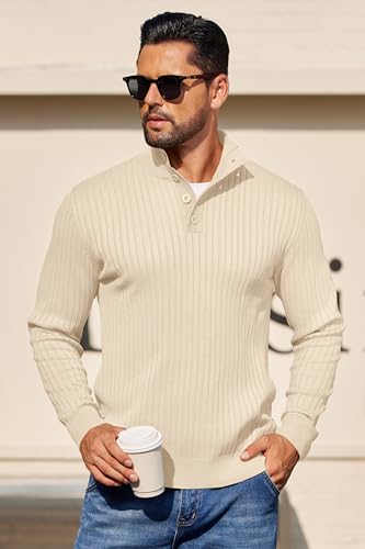 COOFANDY Mens Quarter Button Sweater Long Sleeve Stand Collar Sweaters Casual Knitted Ribbed Dress Pullover - color: Beige, size: Small