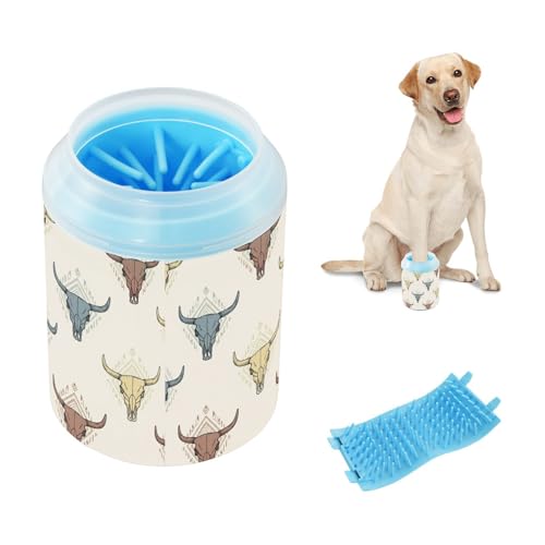 Western Skull Beige Pattern Dog Paw Cleaner Cup with Soft Silicone Brush, Small Portable Lightweight Muddy Paw Washer for Dogs, Easy to Use Pet Foot Cleaner