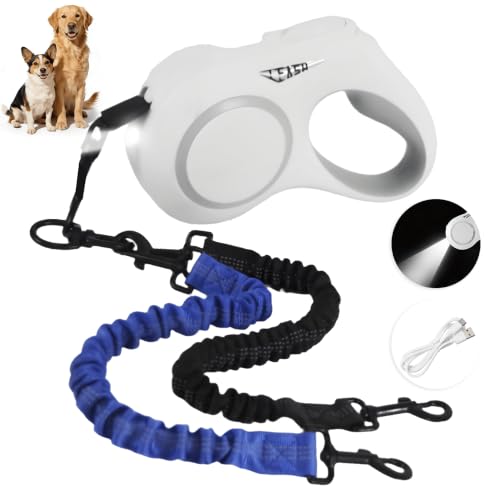 16.4ft LED 360° Dual Retractable Dog Leash for Medium Dogs 35–55 lbs, USB Rechargeable LED Light, 360° Tangle-Free, Detachable Front Lead & Emergency Ready, Reflective Elastic (White) - color: White