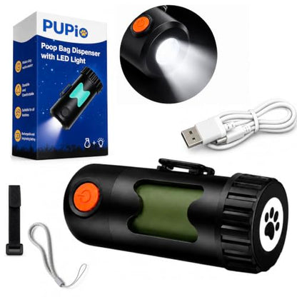 Smart Hands-Free Poop Bag Holder With Rechargeable LED Light - No Batteries to Replace - Unique Special Retracting Function Small Durable Lightweight Comes With 15 bags and Charging Cable