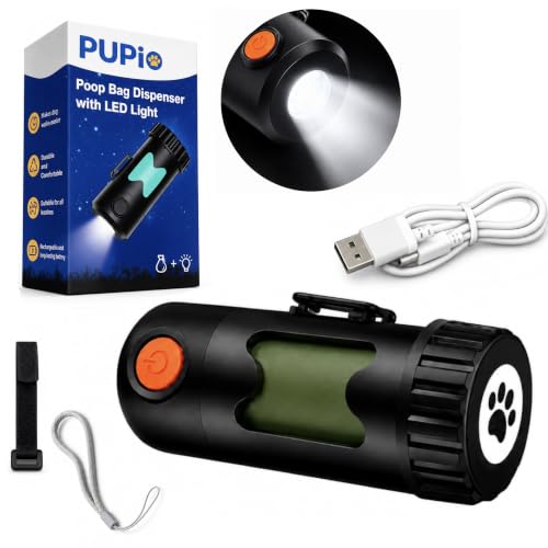 Smart Hands-Free Poop Bag Holder With Rechargeable LED Light - No Batteries to Replace - Unique Special Retracting Function Small Durable Lightweight Comes With 15 bags and Charging Cable