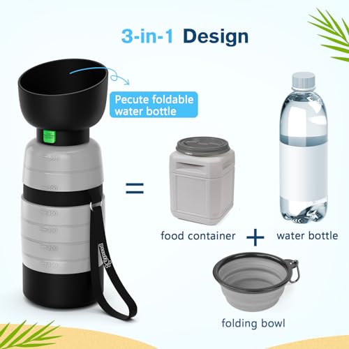 Pecute Upgraded 22 oz Dog Water Bottle with 5 oz Food Container, Portable Dog Travel Water Bottle Dispenser, Leakproof, BPA Free, Lightweight, Pet Water Bottle Bowl for Outdoor Walking Hiking Camping | Portable, Leakproof, includes Foldable Bowl, Lightwei