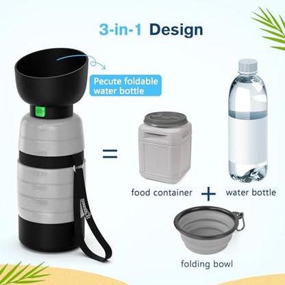 Pecute Upgraded 22 oz Dog Water Bottle with 5 oz Food Container, Portable Dog Travel Water Bottle Dispenser, Leakproof, BPA Free, Lightweight, Pet Water Bottle Bowl for Outdoor Walking Hiking Camping | Portable, Leakproof, includes Foldable Bowl, Lightwei