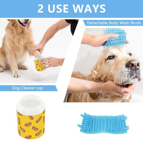 Hot Dog Yellow Pattern Dog Paw Cleaner Cup with Soft Silicone Brush, Lightweight Small Portable Muddy Paw Washer for Dogs, Easy to Use Pet Foot Cleaner