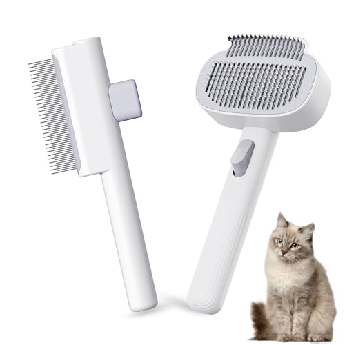 Pet Grooming Combo with Release Button - 2-in-1 Pet Detangling Brush and Cat Dematting Comb with Long & Short Stainless Steel Metal Teeth Easy to Remove Loose Undercoat,Matted Fur & Tangles