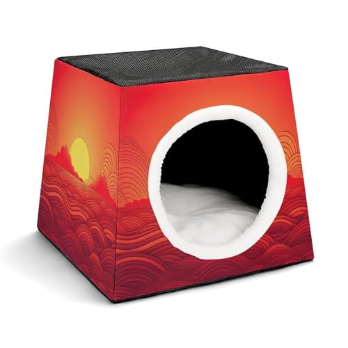 Collapsible Soft Dog Crate Pet Kennel Houses Red Sunrise Printed Lightweight Travel Crate Kennel Indoor & Outdoor, 13.8"x13.8"x11.8"