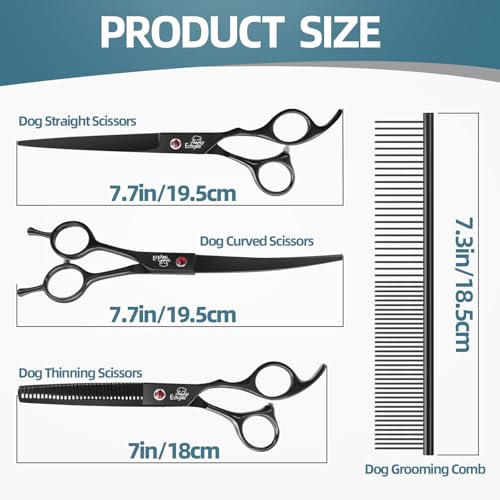 7.0" Professional Dog Grooming Scissors Kit – 3-Piece Set with Straight, Curved & Thinning Shears, Black Japanese Stainless Steel, Includes Grooming Comb for Dogs & Cats - style: Set