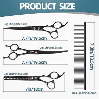 7.0" Professional Dog Grooming Scissors Kit – 3-Piece Set with Straight, Curved & Thinning Shears, Black Japanese Stainless Steel, Includes Grooming Comb for Dogs & Cats - style: Set