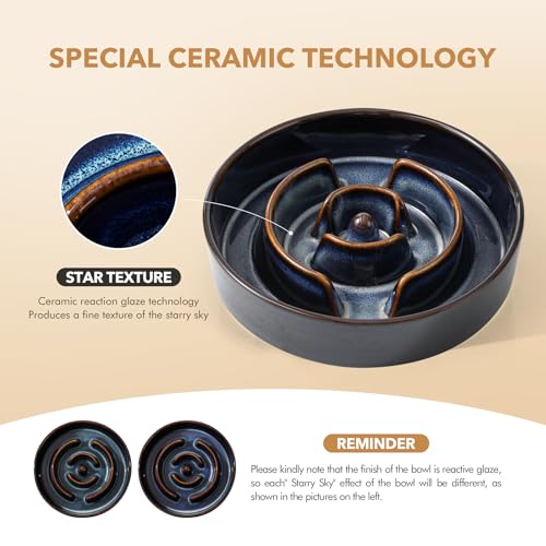 Havniva 1.2 Cup Elevated Slow Feeder Dog Bowls, 7.3” Dog Slow Feeding Bowls + 6.1” Ceramic Dog Water Bowls Set with Acacia Wood Stand, Dog Food Bowls Puzzle Feeder for Small Dogs Non-Slip Anti-choking - color: 2 x Starry Sky + Stand - A, size: M- 7.3inch