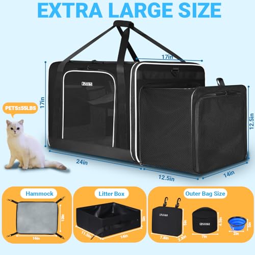 Petskd Side Expandable Extra Large Cat Carrier with Litter Box Area, 24"x17"x17" Soft-Sided Pet Carrier for 2 Cats Under 55 lbs with Zipper Locks for Car Travel(Black) - color: Black