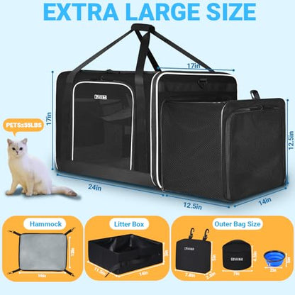 Petskd Side Expandable Extra Large Cat Carrier with Litter Box Area, 24"x17"x17" Soft-Sided Pet Carrier for 2 Cats Under 55 lbs with Zipper Locks for Car Travel(Black) - color: Black