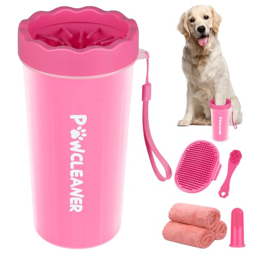 Professional 7 in 1 Dog Paw Cleaner for Dogs & Cats - Includes 1 Portable Paw Washer, 1 Bath Brush, 2 Dog Toothbrushes and 3 Absorbent Towels Note: Fits Paws 2.5 to 3.5 Inches Wide (Large, Pink) - color: Pink, size: Large