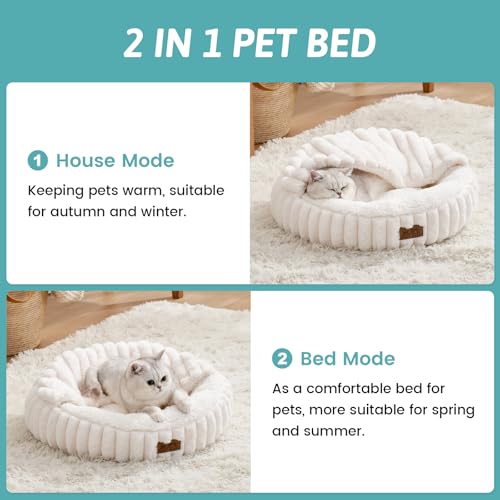 Cat Bed with Hooded Blanket, Round Fluffy Anti-Anxiety Pet Bed for Cats/Small Dogs, Cozy Donut Cuddler with Machine Washable Faux Fur & Anti-Slip Bottom(23"×23"×6",Cream) - color: Cream, size: 23"×23"×6"