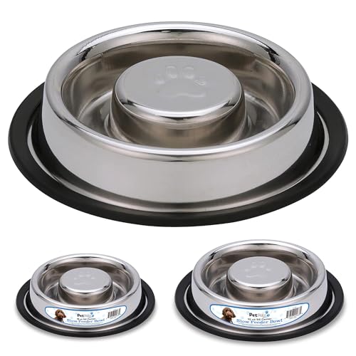 Palz&Co Center Slow Feeder Stainless Steel Dog Bowl, Non Slip, No Spill, Promotes Healthy Eating and Mental Stimulation, Dishwasher Safe (Medium Large 32 oz) - size: Med/Lg 32 Oz