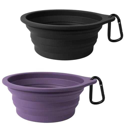 PetBonus 2-Pack Large Silicone Collapsible Dog Bowls, 34oz/1000ml BPA Free Portable Foldable Travel Bowl for Pet Cat, Food Water Feeding Dish for Camping with 2 Carabiners (Black, Dark Purple) - color: Black, Dark Purple, size: 34 Oz