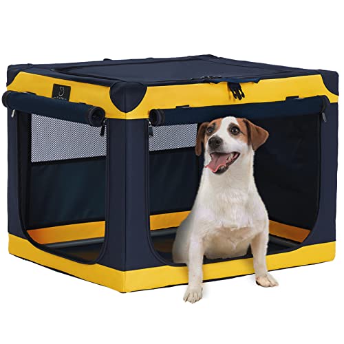 26" Collapsible Dog Crate for Small Dogs - Portable Soft Travel Kennel with Lockable Zippers, Waterproof Base, Washable Cover, Patented Screw Frame for Adjustable Tension, Outdoor, Indoor, Car Use - color: Blue+Yellow, size: 26.0"L x 19.0"W x 18.0"H
