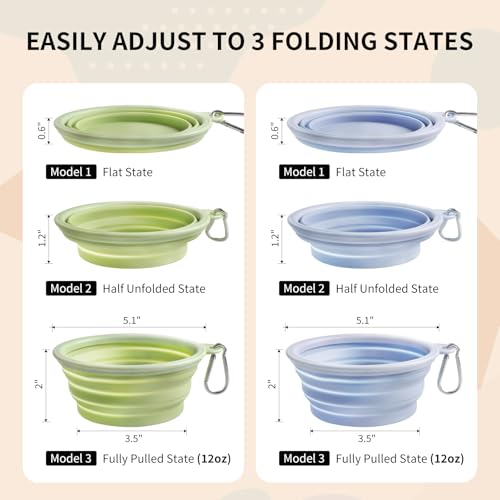 Collapsible Dog Bowls 2-Pack, Portable Travel Dog Bowl with Carabiner, Food-Grade Silicone Pet Bowl for Hiking, Walking (Macaron Blue and Green) - color: 12 OZ Macaron Blue and Green