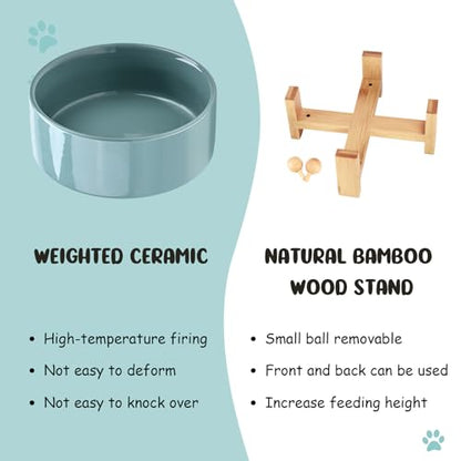 SPUNKYJUNKY 15° Slanted Ceramic Dog and Cat Bowl with Wooden Stand, Tilted Bulldog Food and Water Bowl No Slip Non-Spill for Cats Medium Dogs Big Face Pets 28.7 OZ (3.6 Cups, Light Green) - color: Light Green, size: 3.6 CUPS × 1