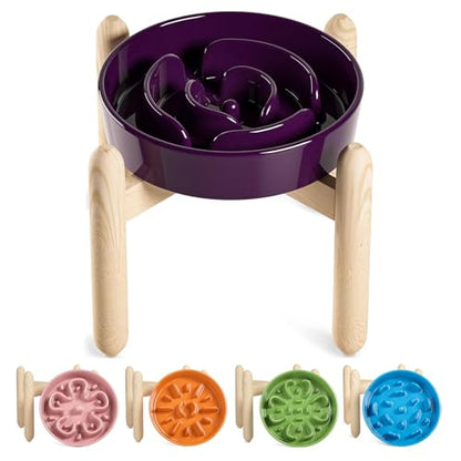 LE TAUCI Ceramic Slow Feeder Dog Bowls Elevated, 3 Cup Raised Bowl with Wooden Stand for Medium Large Breed, Slow Down Eating, Puzzle Dog Food Bowl, Maze Purple - color: Maze Purple+Stand, size: L-3 Cups