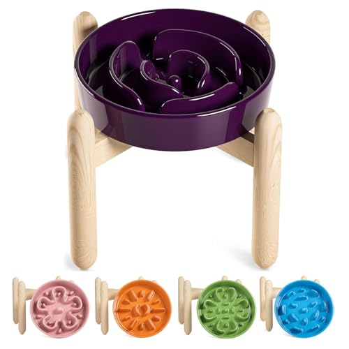 LE TAUCI Ceramic Slow Feeder Dog Bowls Elevated, 3 Cup Raised Bowl with Wooden Stand for Medium Large Breed, Slow Down Eating, Puzzle Dog Food Bowl, Maze Purple - color: Maze Purple+Stand, size: L-3 Cups