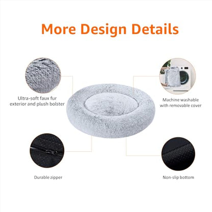 Amazon Basics Washable Donut Pet Bolster Faux Fur Bed with Removable Cover, Anti-Slip Bottom for Dog, Grey, 23" x 23" - color: Grey, size: 23" x 23"