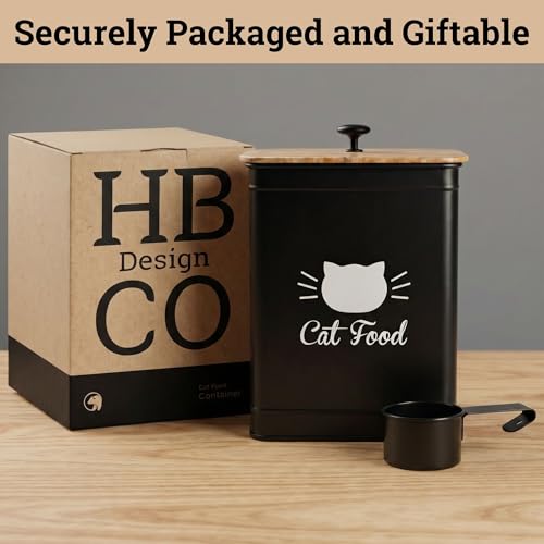 Cat Food Storage Container with Scoop - 5-7 lb (25 Cup) Capacity Metal Cat Food Container with Airtight Bamboo Lid and Metal Scoop - Airtight Pet Food Storage Containers 5 lb - 7 lb Kibble Container - color: Black