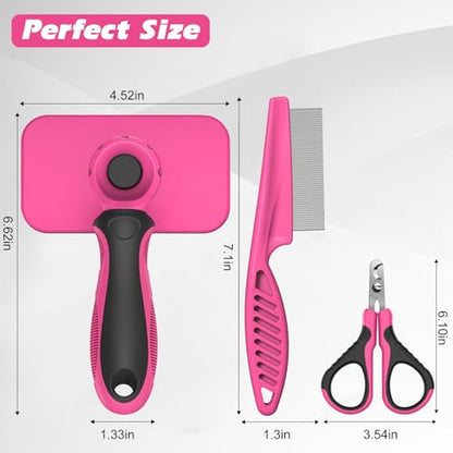 3PCS Cat Grooming Supplies, Cat Brush & Nail Clipper/Trimmer & Flea Comb for Shedding Indoor Cats Essentials Stuff Accessories (Pink) - color: Pink