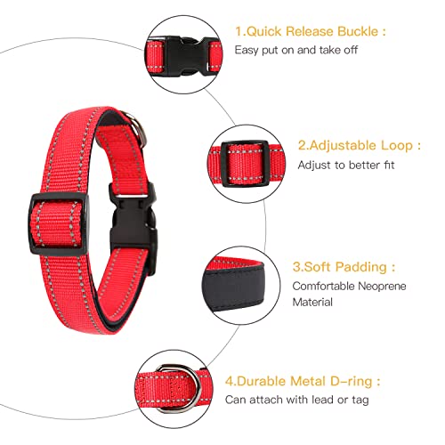 HEELE Dog Collar, Reflective Dog Collar, Soft Neoprene Padded Breathable Nylon Pet Collar Adjustable for Small Dogs, Red, S(10.23-14.96") - color: Red, size: Small (10.23-14.96")
