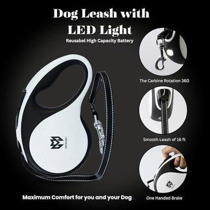 16ft Tough ABS Casing Retractable Dog Leash with Light - Suitable for Dogs Up to 55lbs - Tangle Free 360 Rotation & One Hand Brake Lock System - No Pull, Suitable for Training & Walking