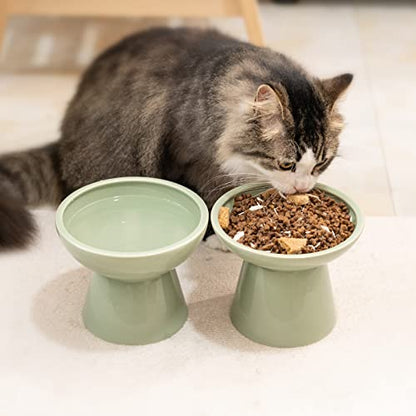 CEEFU 2 Elevated Ceramic Cat Bowls Extra Wide for Food & Water – Whisker Fatigue Shallow Food Dish, Lead & Cadmium-Free, Raised Height for Cats, Sage Green - color: Sage Green