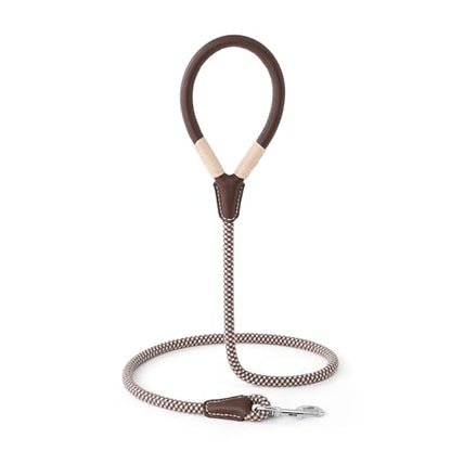 Mile High Life Dog Leash, Rope Leash with Genuine Leather Handle and Heavy Duty Metal Clasp, Great for Small Medium Large Dogs (Brown Check, 4FT) - color: Leather Handle-Brown Check, size: 48 Inch-1/2"