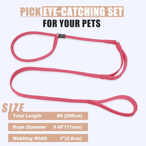 Slip Lead Dog Leash, Dog Training Leash with Double Handle, Soft Leather Slip Leash and Collar, Heavy Duty Nylon Dog Lead, No Pull Walking for Medium Large Small Dogs 6ft Hot Pink - color: Hot Pink, size: 6ft