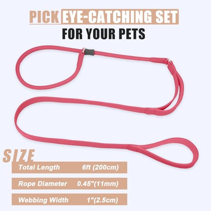 Slip Lead Dog Leash, Dog Training Leash with Double Handle, Soft Leather Slip Leash and Collar, Heavy Duty Nylon Dog Lead, No Pull Walking for Medium Large Small Dogs 6ft Hot Pink - color: Hot Pink, size: 6ft
