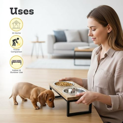Elevated Dog Bowls, 4.5” Small Dogs/Cats Only Raised Bowl Mango Wood Stand, Food & Water 2 Stainless Steel Dishes Each 32oz/4Cup Capacity, Non-Slip Pet Feeder Station in Brown, toy Breeds - size: 4.5 Inches / 32oz 2 Bowl