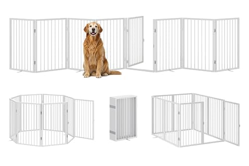 Vantas Folding No-Assembly Metal Pet Gate 160" Wide, 32" Extra Tall Dog Gate with Door Walk Through, Freestanding Accordion Puppy Gate Dog Door for Indoor & Outdoor, with 4PCS Support - White - color: White, size: 【8-Panel with Door】20W*32H