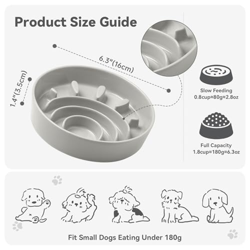 Ceramic Slow Feeder Dog Bowl, 0.8 Cups Anti -Slip Slow Feeding Bowl to Slow Down Eating, 6.3 Inch Dog Food Dish for Small Breeds, Grey - color: Grey, size: Small