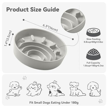Ceramic Slow Feeder Dog Bowl, 0.8 Cups Anti -Slip Slow Feeding Bowl to Slow Down Eating, 6.3 Inch Dog Food Dish for Small Breeds, Grey - color: Grey, size: Small