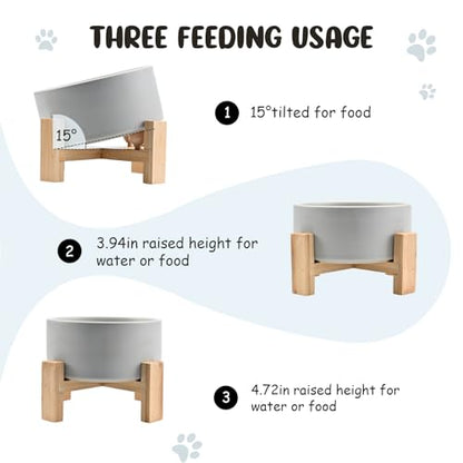 SPUNKYJUNKY 15° Slanted Ceramic Dog and Cat Bowl with Wooden Stand, Tilted Bulldog Food and Water Bowl No Slip Non-Spill for Cats Medium Dogs Big Face Pets 28.7 OZ (3.6 Cups, Grey) - color: Grey, size: 3.6 CUPS × 1