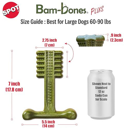 SPOT Bam-Bones Plus Toothbrush Dog Chew Toy for Large Dogs 60-90 lbs, Bamboo & Nylon Dental Chew with Mint & Baking Soda, T-Bone Shape for Moderate to Heavy Chewers, 7 Inch - size: 7 Inch (Pack of 1)