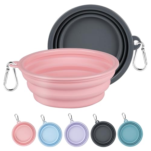 Kytely Collapsible Dog Bowls Medium (650ml), 2 Pack Travel Dog Bowls for Dog Cat, Portable Pet Water Food Bowl with Clasp, Pet Cat Feeding Cup Dish for Outdoor, Travel, Walking, Parking - color: Grey & Pink, size: Medium