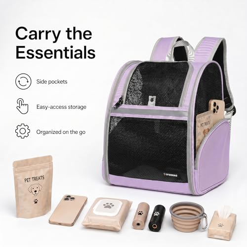 Cat Backpack Carrier for Small Dogs and Medium cat Puppy Kitten Bunny Pet Carrier Backpack Collapsible with Fully Ventilated Mesh with Safety Leash (Purple, 12.9" L x 10.62" W x 15.5" H - M) - color: Purple, size: Medium