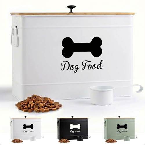 Dog Food Container Airtight Bamboo Lid 15-20 lb Sturdy Metal Handle 70 Cups | Pet Jar For Dogs up to 100lbs, Airtight Bamboo Lid, Sturdy Comfortable Metal Handle, Powder Coated Iron, Kibble Storage Bin - color: White